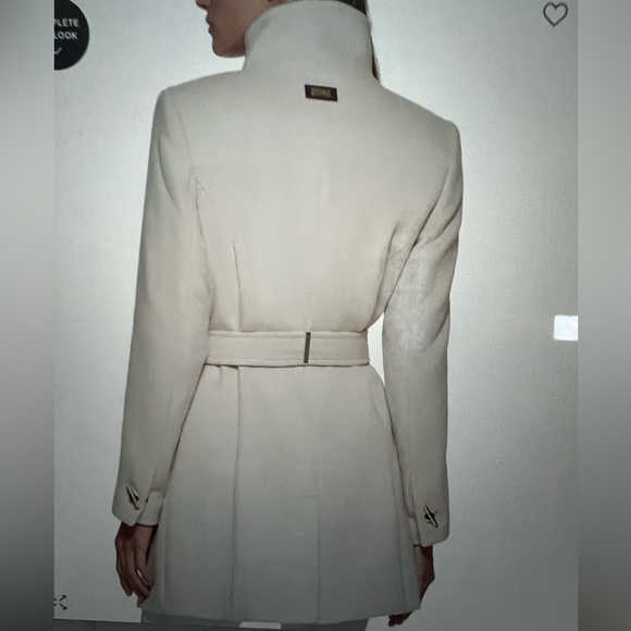 Calvin Klein Wool Shawl Coat women houndstooth M belted plaid khaki cream trench - Picture 5 of 13